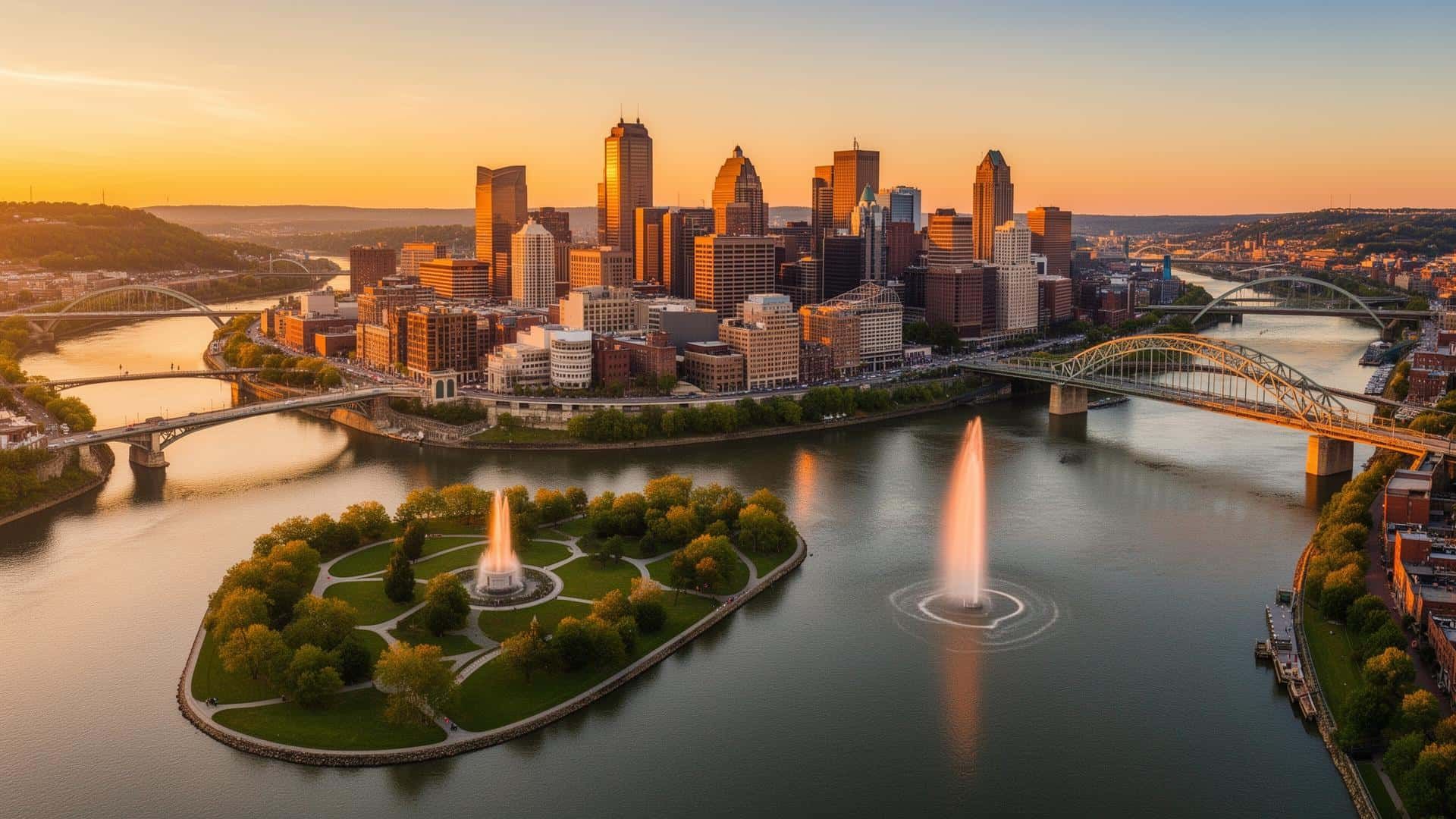 Pittsburgh skyline at sunset over the three rivers